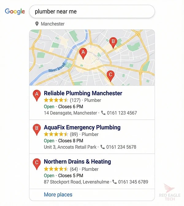 Google map pack results for a plumber near me search